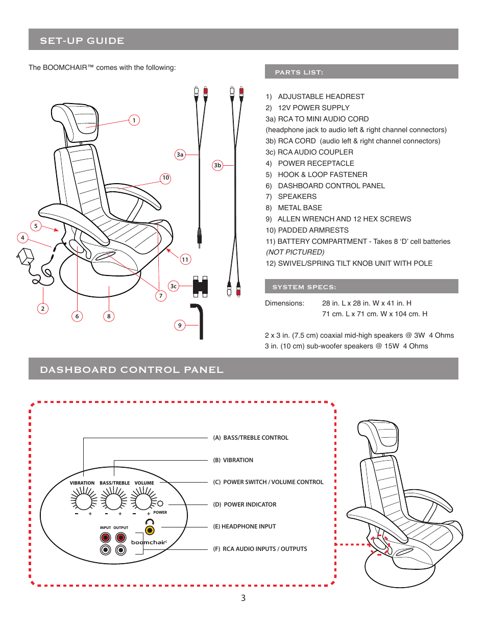 Set-up guide, Dashboard control panel | BoomChair Stealth - 1st Generation - Vibration User Manual | Page 3 / 8