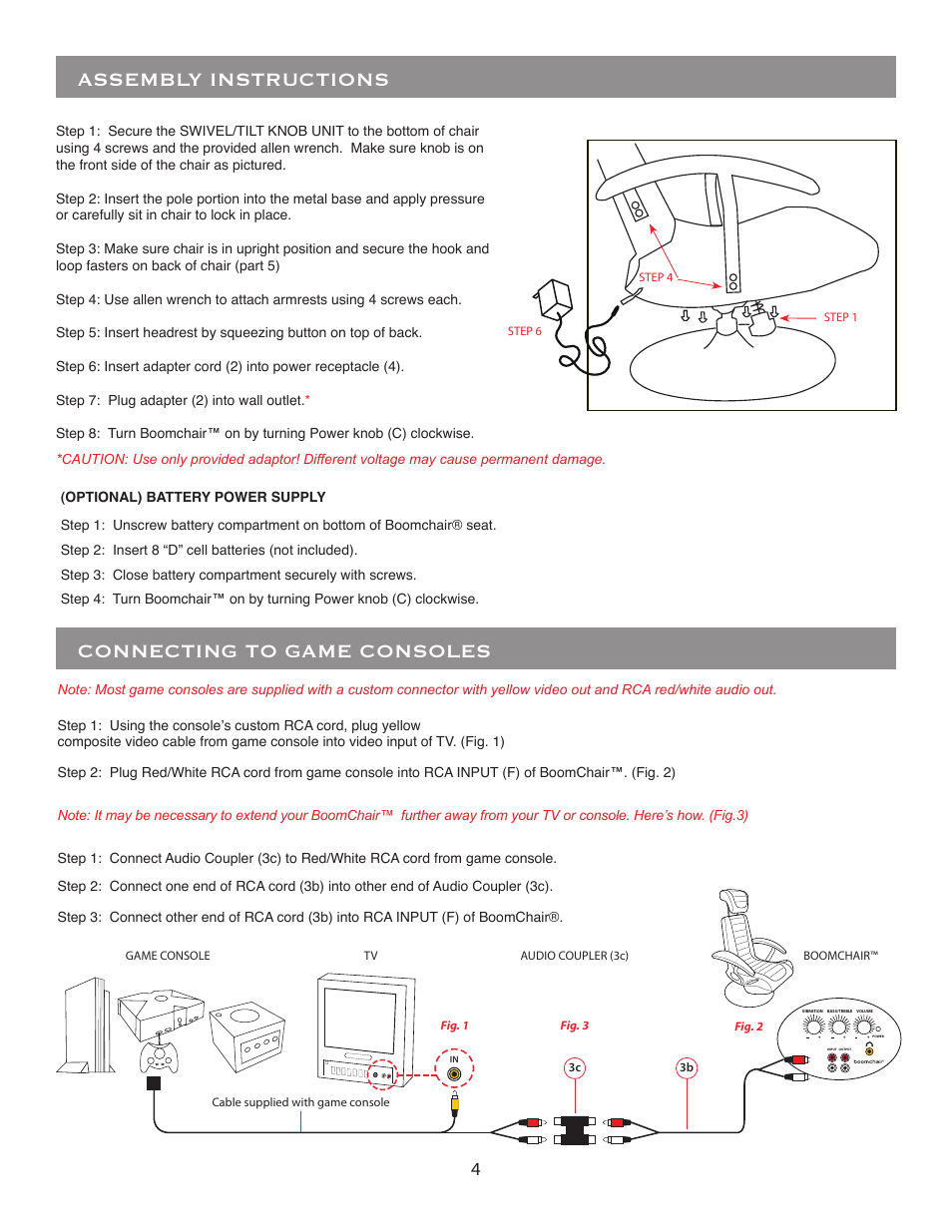 Assembly instructions, Connecting to game consoles | BoomChair Stealth - 1st Generation - Vibration User Manual | Page 4 / 8