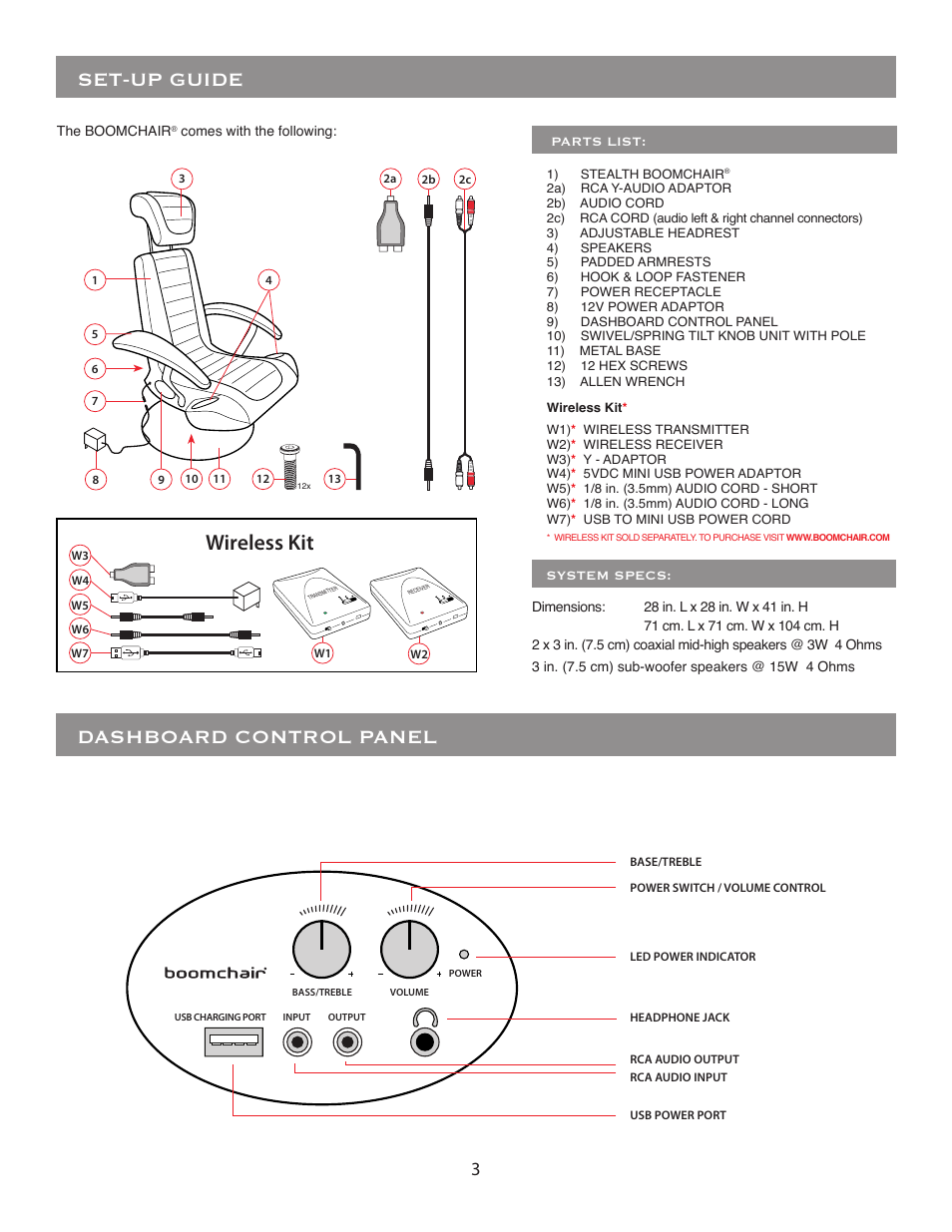 Set-up guide dashboard control panel, Wireless kit | BoomChair Stealth - 2nd Generation User Manual | Page 3 / 8