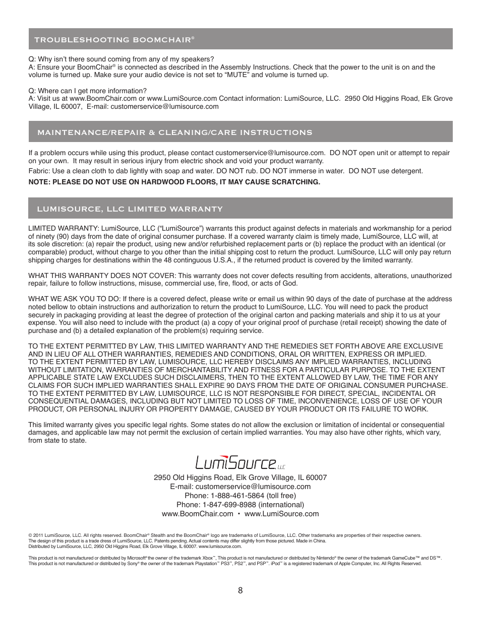 Lumisource, llc limited warranty, Maintenance/repair & cleaning/care instructions, Troubleshooting boomchair | BoomChair Stealth - 2nd Generation User Manual | Page 8 / 8