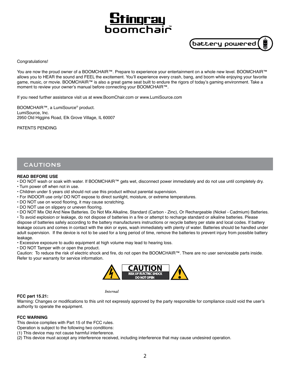 Cautions | BoomChair Stingray User Manual | Page 2 / 8