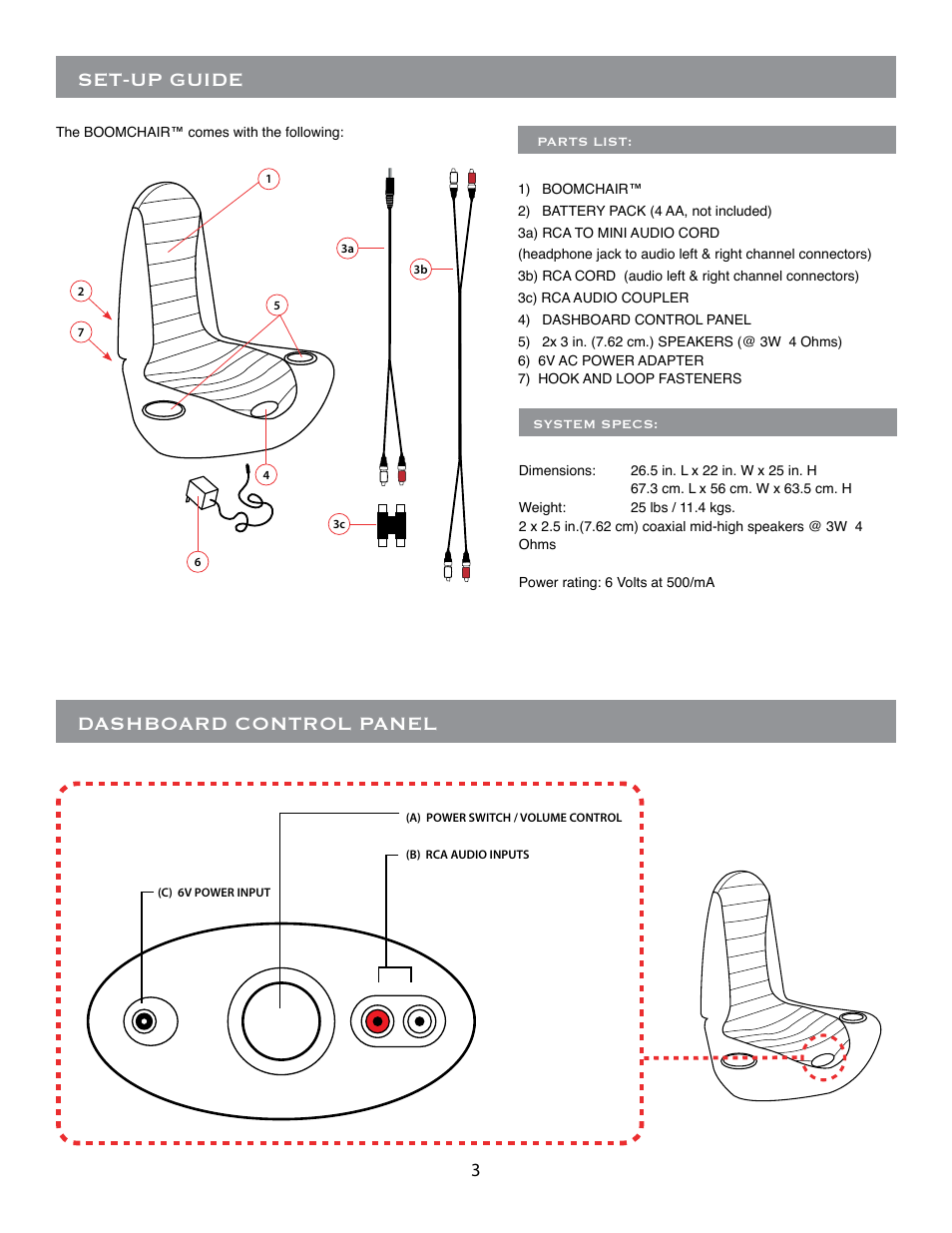 Set-up guide, Dashboard control panel | BoomChair Stingray User Manual | Page 3 / 8