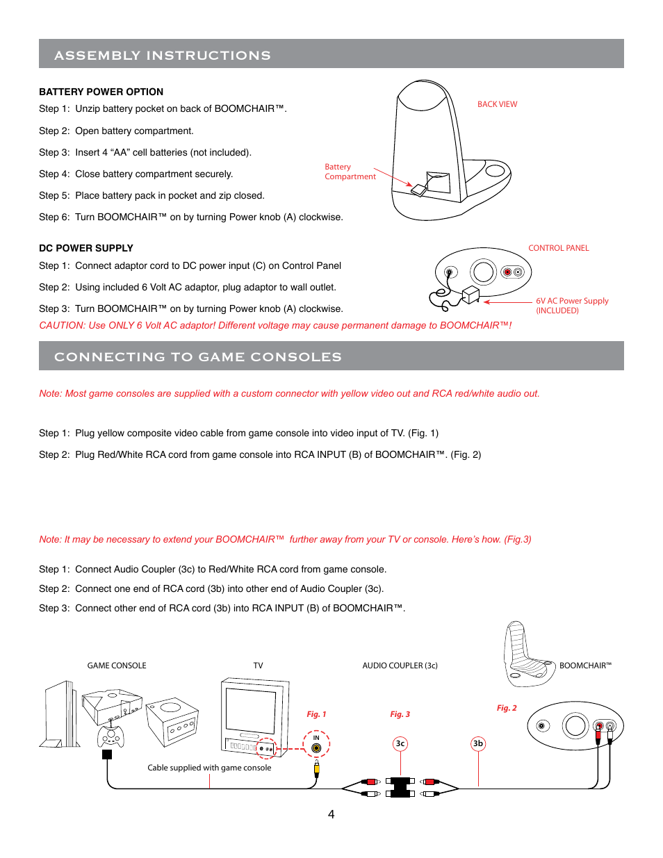 Connecting to game consoles, Assembly instructions | BoomChair Stingray User Manual | Page 4 / 8