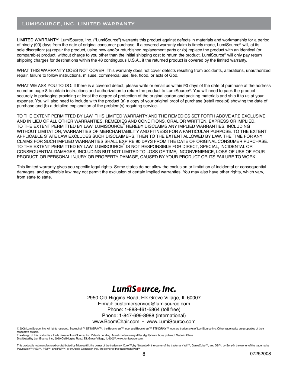 Lumisource, inc. limited warranty | BoomChair Stingray User Manual | Page 8 / 8