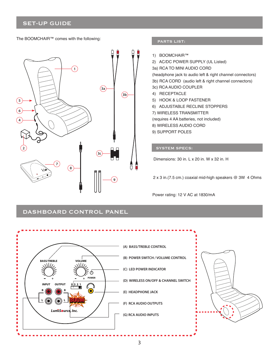 Set-up guide, Dashboard control panel | BoomChair VPR User Manual | Page 3 / 8