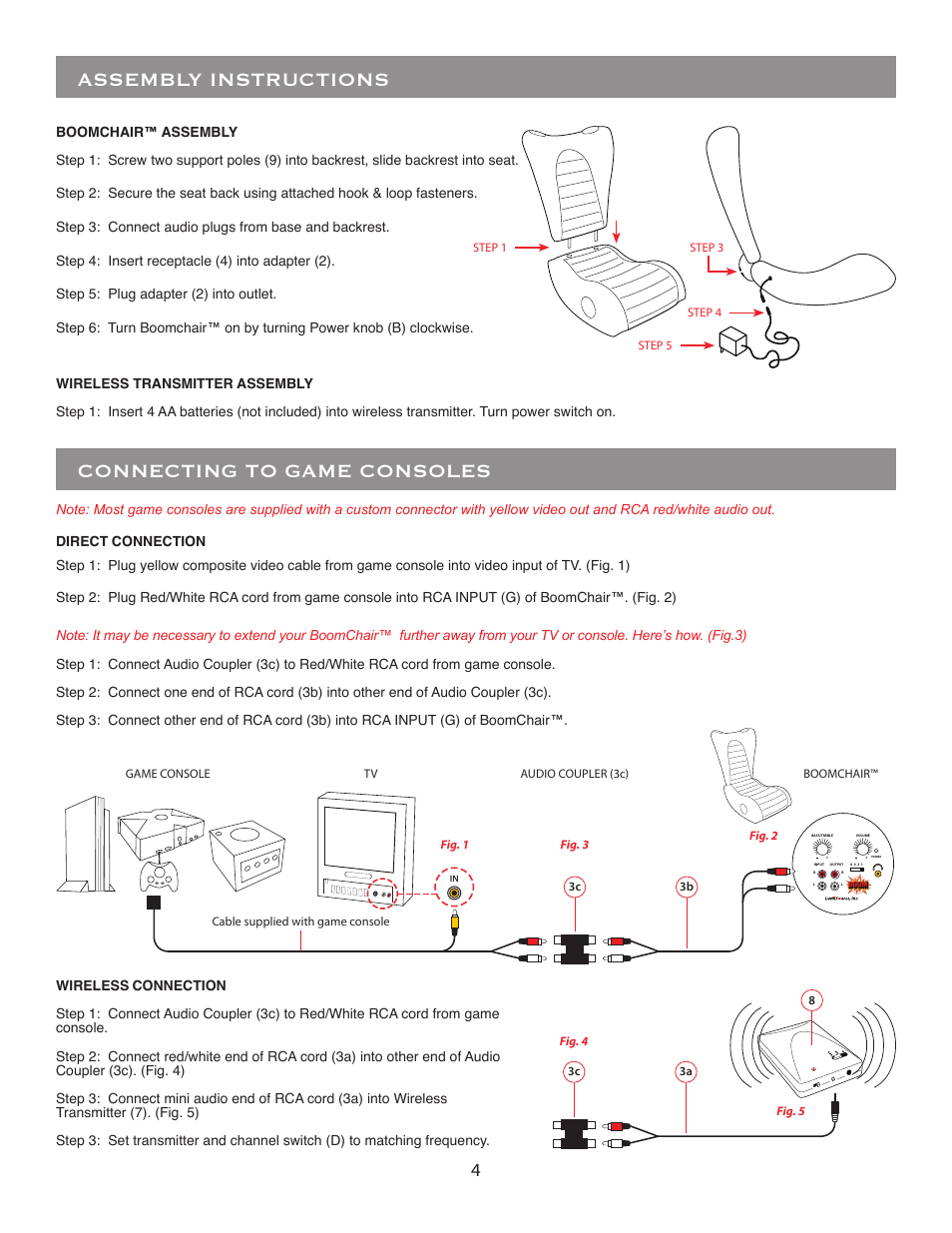 Connecting to game consoles, Assembly instructions | BoomChair VPR User Manual | Page 4 / 8