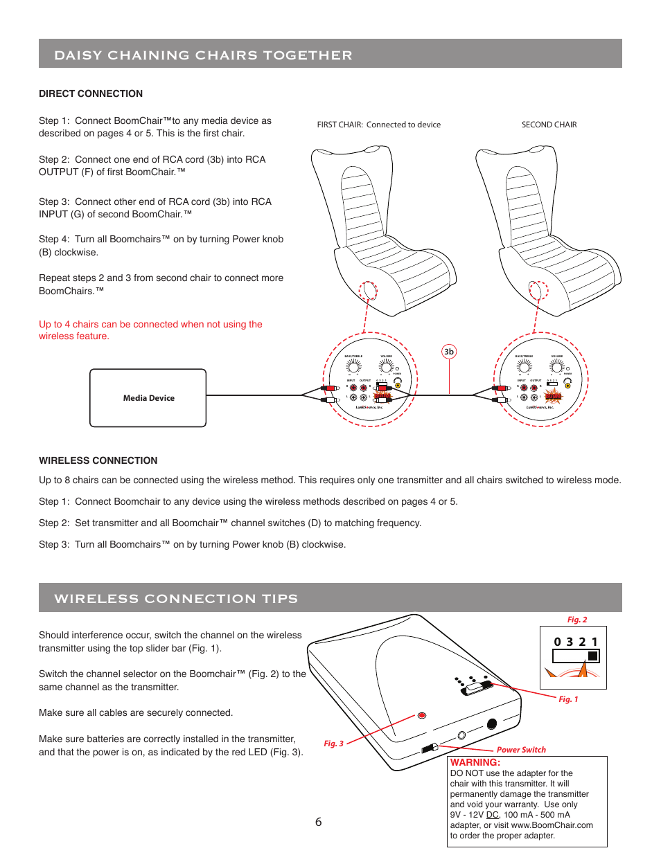 Daisy chaining chairs together, Wireless connection tips, Bass/treble | Volume | BoomChair VPR User Manual | Page 6 / 8