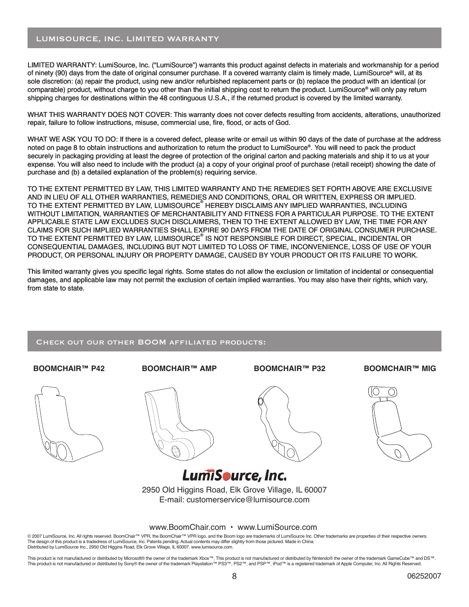 BoomChair VPR User Manual | Page 8 / 8