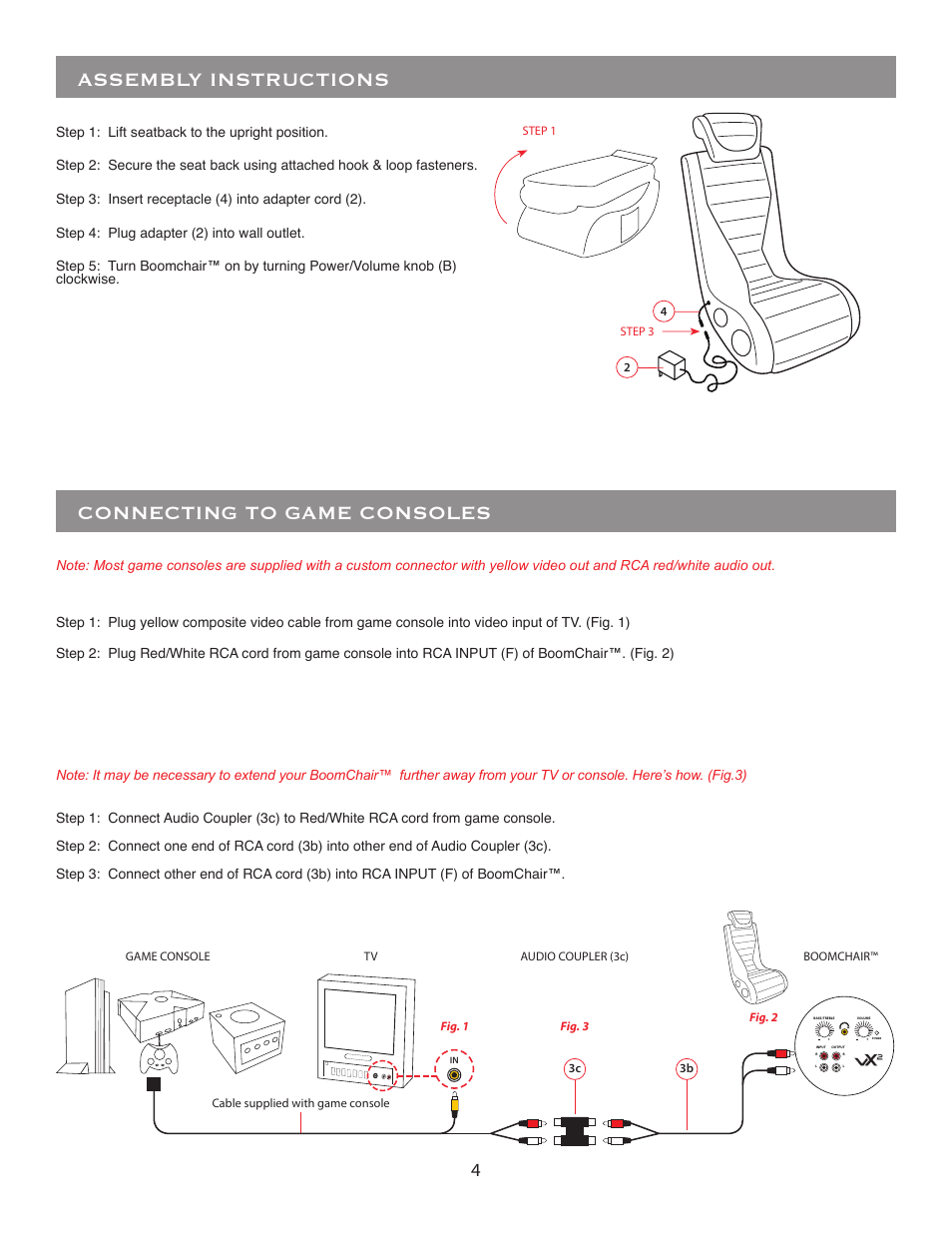 Connecting to game consoles, Assembly instructions | BoomChair VX2 User Manual | Page 4 / 8