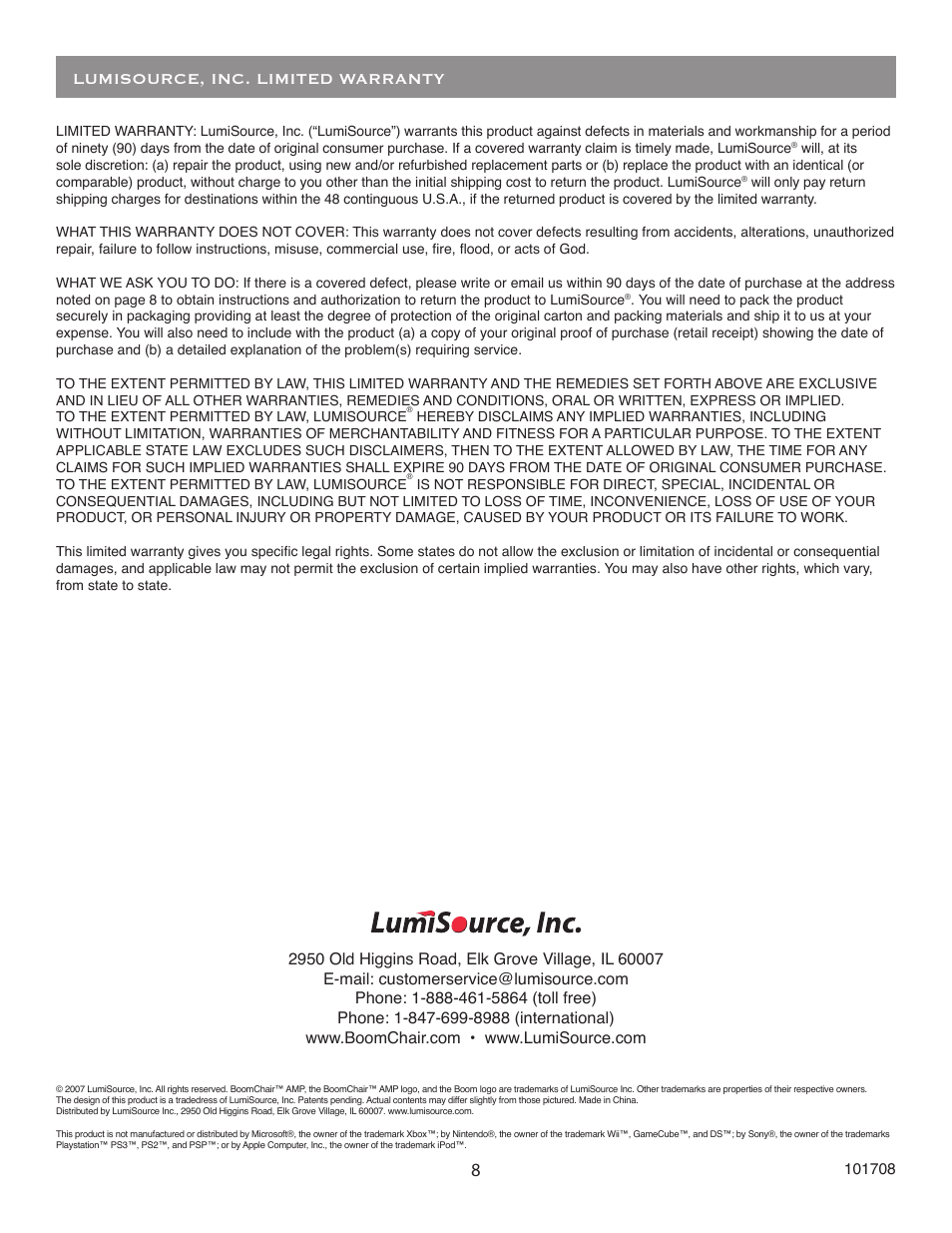 Lumisource, inc. limited warranty | BoomChair VX2 User Manual | Page 8 / 8