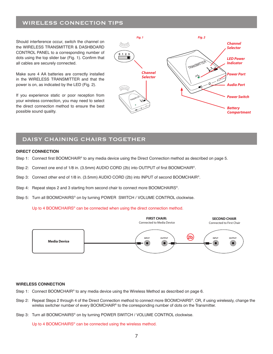 Daisy chaining chairs together, Wireless connection tips | BoomChair UFO User Manual | Page 7 / 8