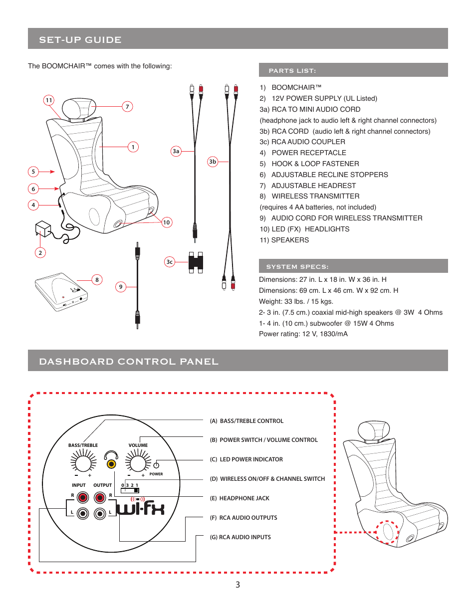 Set-up guide, Dashboard control panel | BoomChair WIFX User Manual | Page 3 / 8