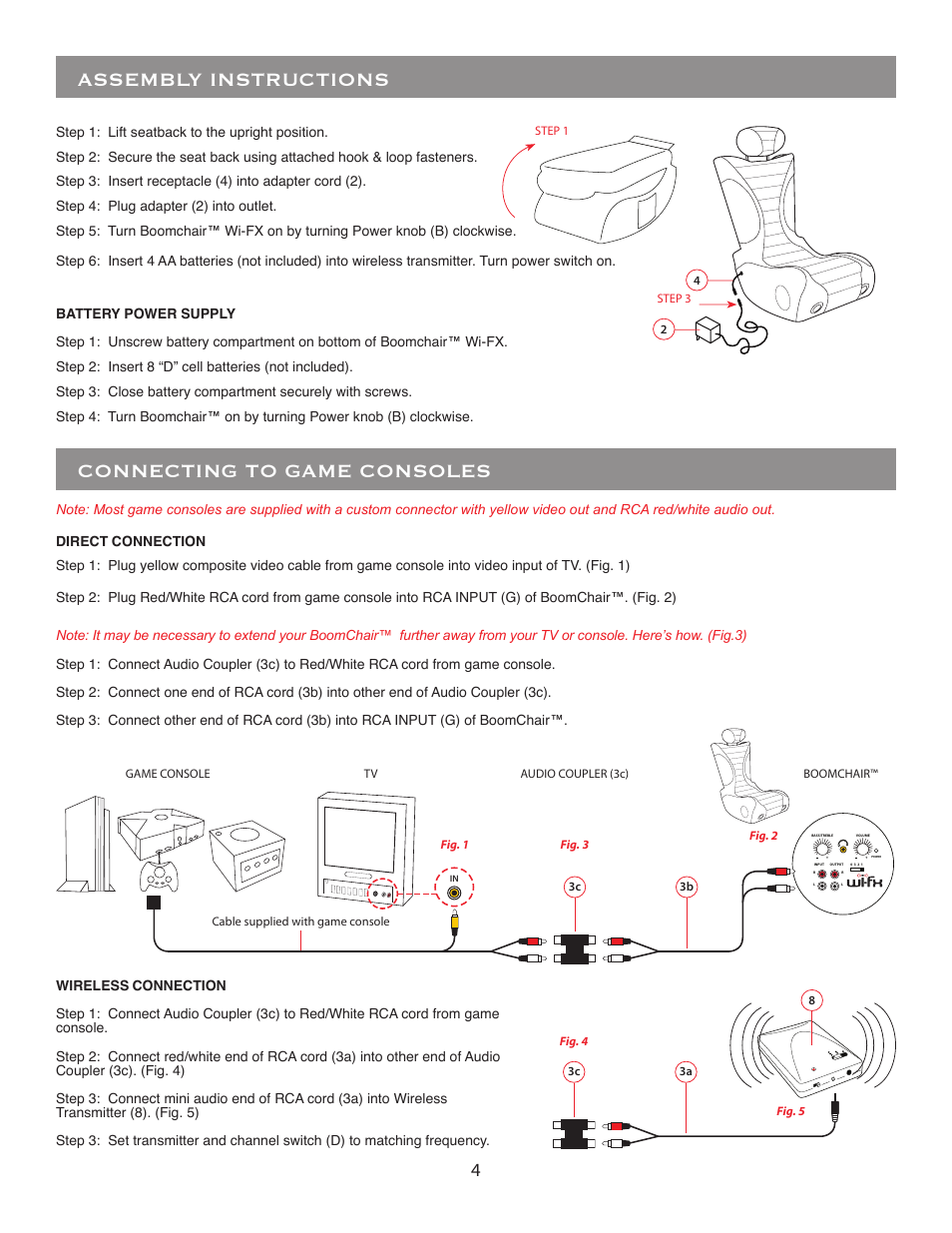 Connecting to game consoles, Assembly instructions | BoomChair WIFX User Manual | Page 4 / 8