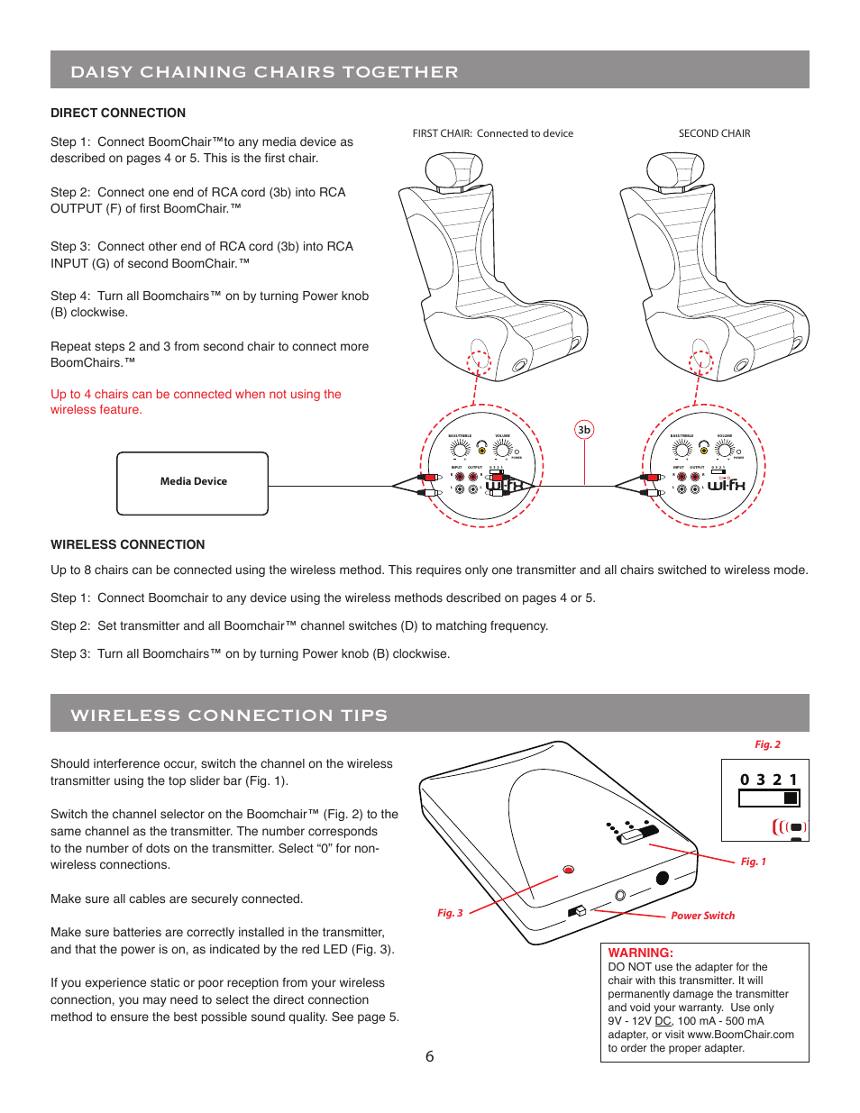 Daisy chaining chairs together, Wireless connection tips, Volume | BoomChair WIFX User Manual | Page 6 / 8