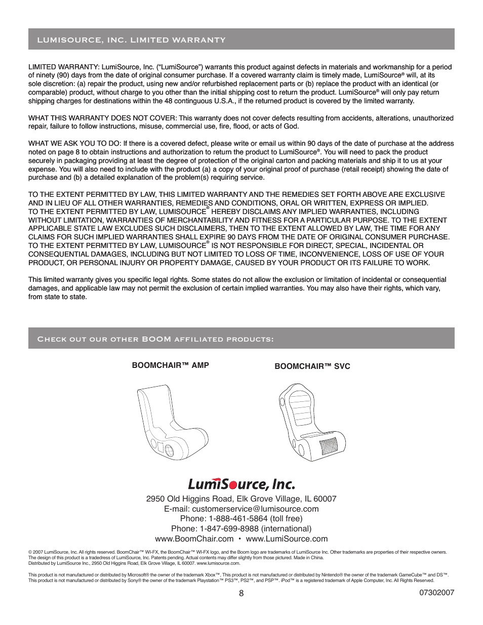 BoomChair WIFX User Manual | Page 8 / 8