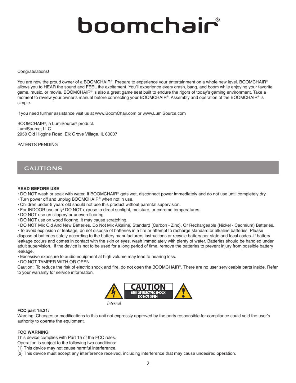 Caution, Cautions | BoomChair WIFX2 User Manual | Page 2 / 8