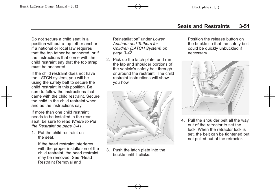 Seats and restraints 3-51 | Buick 2012 LaCrosse User Manual | Page 107 / 496