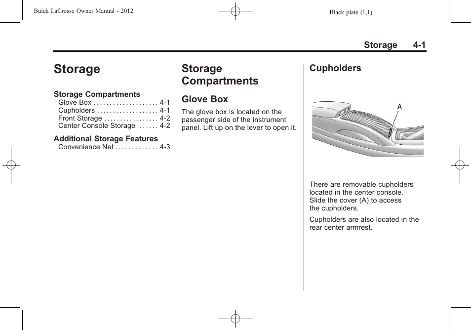 Storage, Storage compartments, Glove box | Cupholders, Storage compartments -1 | Buick 2012 LaCrosse User Manual | Page 113 / 496