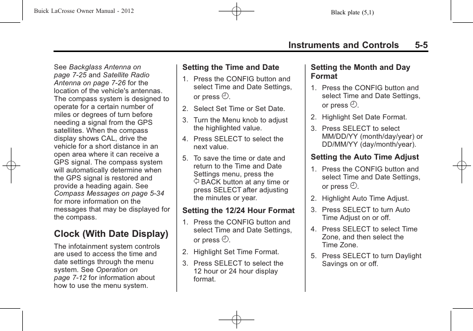 Clock (with date display), Clock (with date display) -5, Light | Buick 2012 LaCrosse User Manual | Page 121 / 496