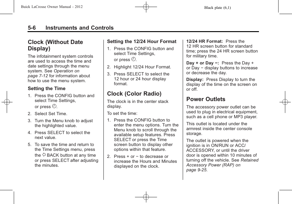 Clock (without date display), Clock (color radio), Power outlets | Clock (without date, Display) -6, Clock (color radio) -6 power outlets -6 | Buick 2012 LaCrosse User Manual | Page 122 / 496