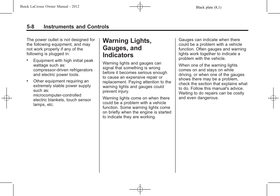 Warning lights, gauges, and indicators, Lights, gauges, and, Indicators -8 | Maintenance -10, Warning lights, gauges, and, 8 instruments and controls | Buick 2012 LaCrosse User Manual | Page 124 / 496