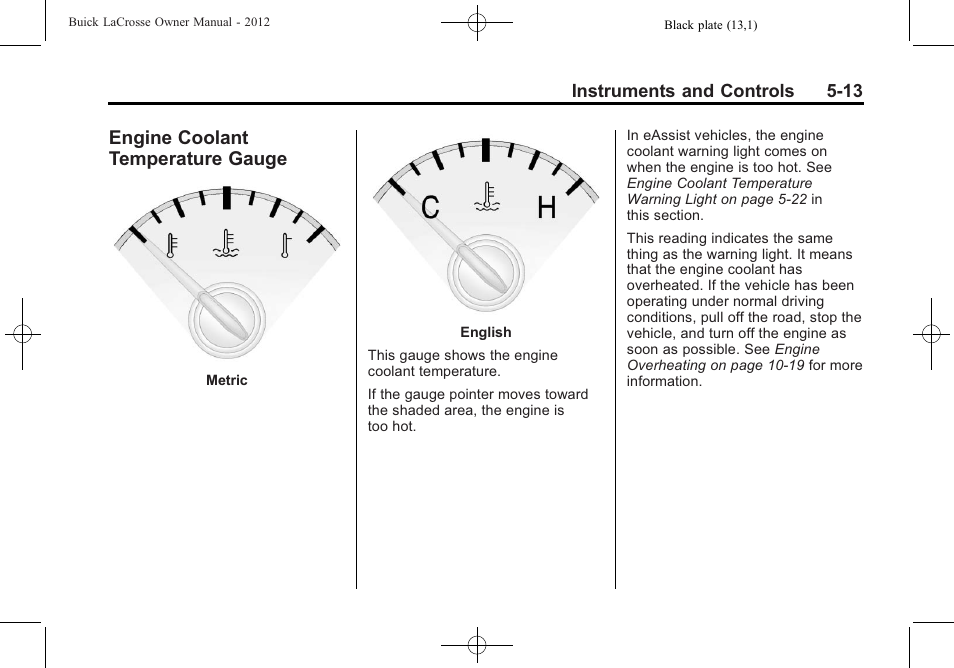 Engine coolant temperature gauge, Engine coolant temperature, Gauge -13 | Buick 2012 LaCrosse User Manual | Page 129 / 496