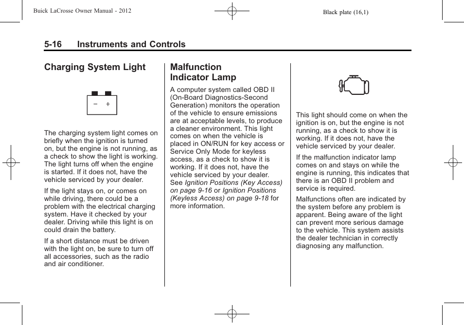 Charging system light, Malfunction indicator lamp, Charging system light -16 malfunction | Indicator lamp -16 | Buick 2012 LaCrosse User Manual | Page 132 / 496
