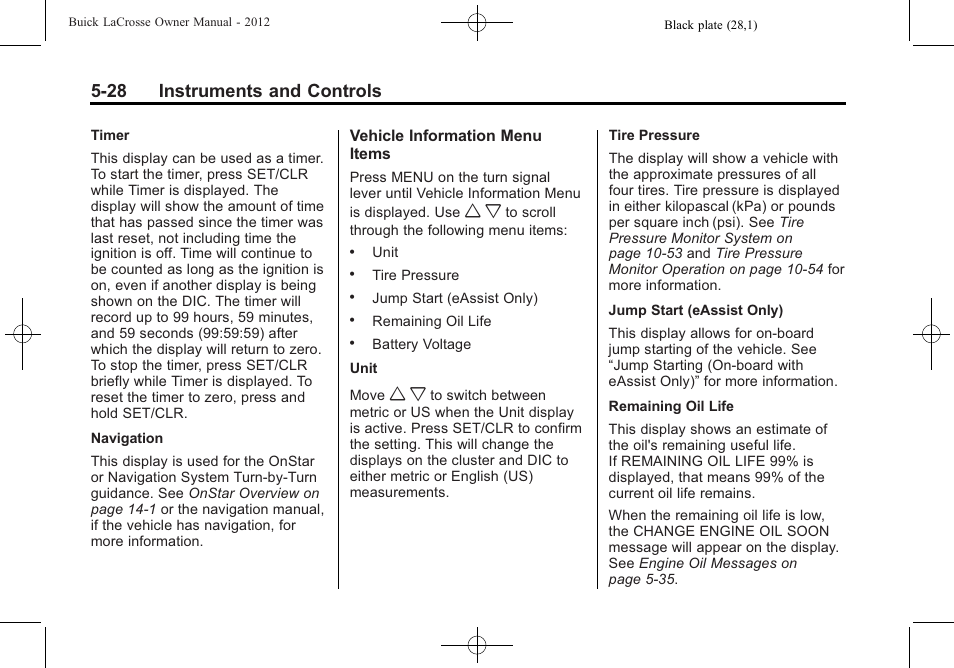 28 instruments and controls | Buick 2012 LaCrosse User Manual | Page 144 / 496