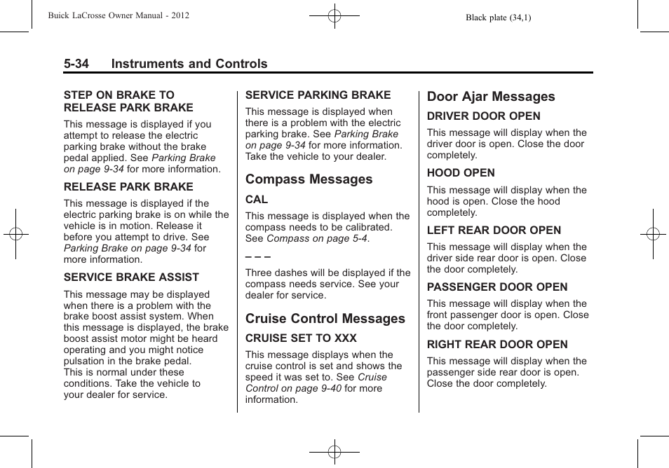 Compass messages, Cruise control messages, Door ajar messages | Buick 2012 LaCrosse User Manual | Page 150 / 496