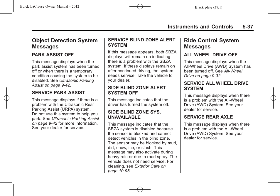 Object detection system messages, Ride control system messages, Object detection system | Messages -37, Ride control system | Buick 2012 LaCrosse User Manual | Page 153 / 496