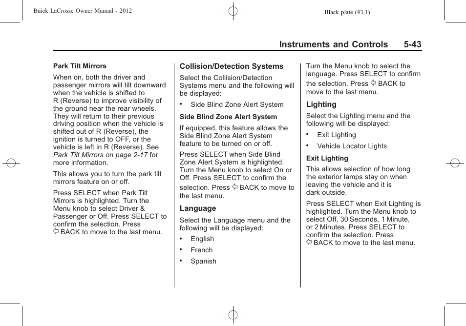 Instruments and controls 5-43 | Buick 2012 LaCrosse User Manual | Page 159 / 496