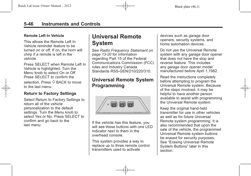 Universal remote system, Universal remote system programming, Universal remote system -46 | Starting and operating, Programming -46 | Buick 2012 LaCrosse User Manual | Page 162 / 496