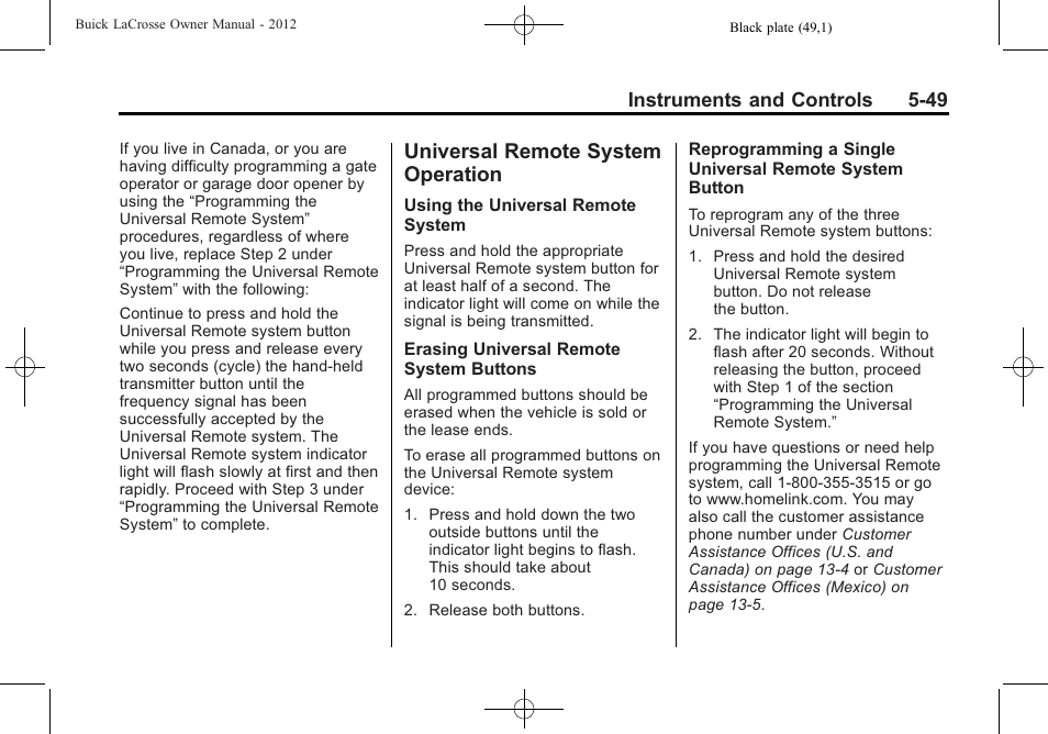 Universal remote system operation, Universal remote system, Operation -49 | Instruments and controls 5-49 | Buick 2012 LaCrosse User Manual | Page 165 / 496
