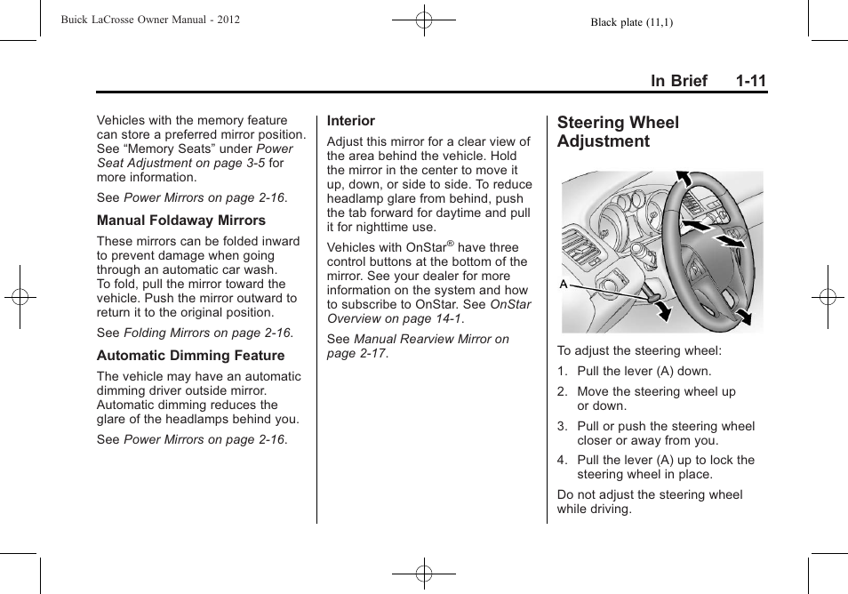 Steering wheel adjustment, Steering wheel, Adjustment -11 | Buick 2012 LaCrosse User Manual | Page 17 / 496