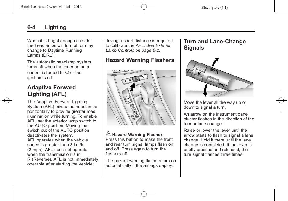 Adaptive forward lighting (afl), Hazard warning flashers, Turn and lane-change signals | Adaptive forward, Lighting (afl) -4, Hazard warning flashers -4 turn and lane-change, Signals -4 | Buick 2012 LaCrosse User Manual | Page 170 / 496