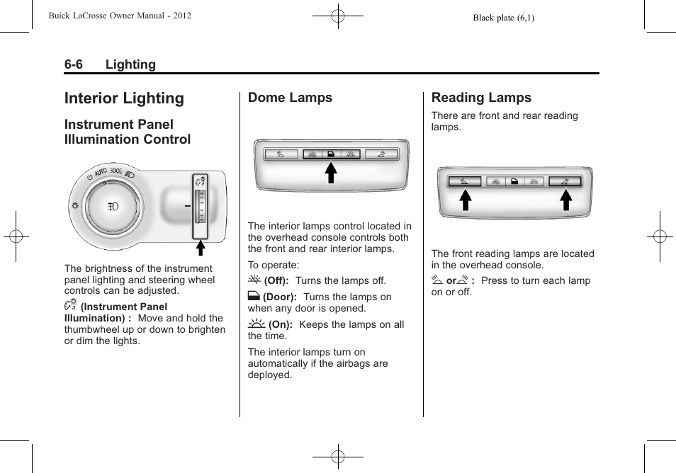 Interior lighting, Instrument panel illumination control, Dome lamps | Reading lamps, Interior lighting -6, Brakes, Instrument panel illumination, Control -6, Dome lamps -6 reading lamps -6 | Buick 2012 LaCrosse User Manual | Page 172 / 496