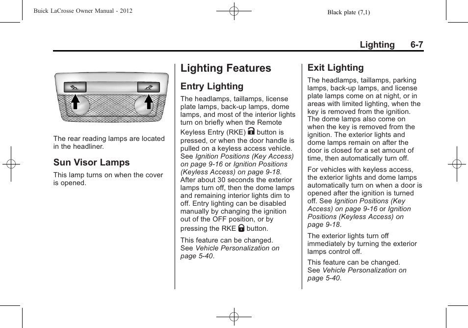 Sun visor lamps, Lighting features, Entry lighting | Exit lighting, Lighting features -7, Sun visor lamps -7, Entry lighting -7 exit lighting -7 | Buick 2012 LaCrosse User Manual | Page 173 / 496