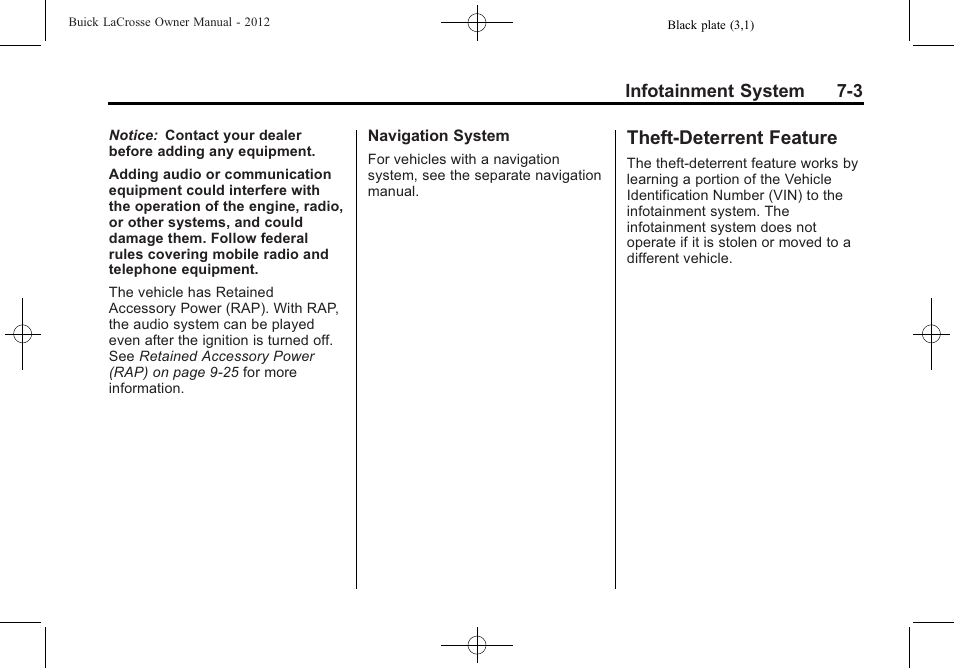 Theft-deterrent feature, Theft-deterrent feature -3 | Buick 2012 LaCrosse User Manual | Page 177 / 496