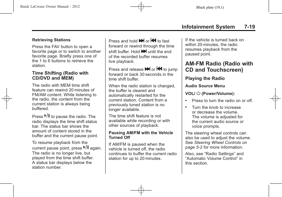 Am-fm radio (radio with cd and touchscreen), Am-fm radio (radio with cd, And touchscreen) -19 | Mass storage | Buick 2012 LaCrosse User Manual | Page 193 / 496
