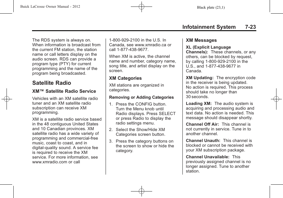 Satellite radio, Satellite radio -23, Media | Infotainment system 7-23 | Buick 2012 LaCrosse User Manual | Page 197 / 496