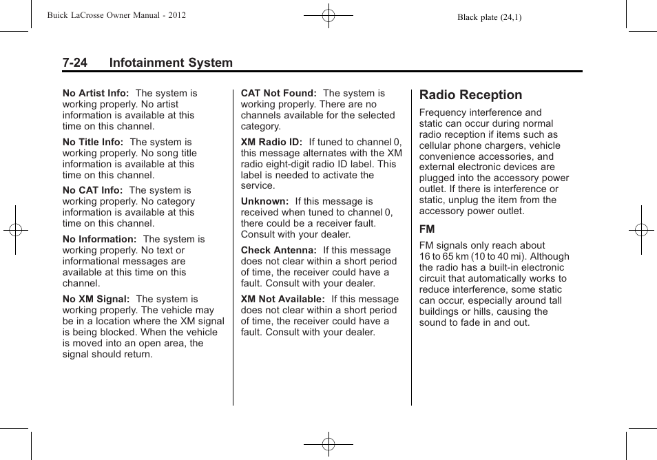 Radio reception, Radio reception -24, Auxiliary | Buick 2012 LaCrosse User Manual | Page 198 / 496