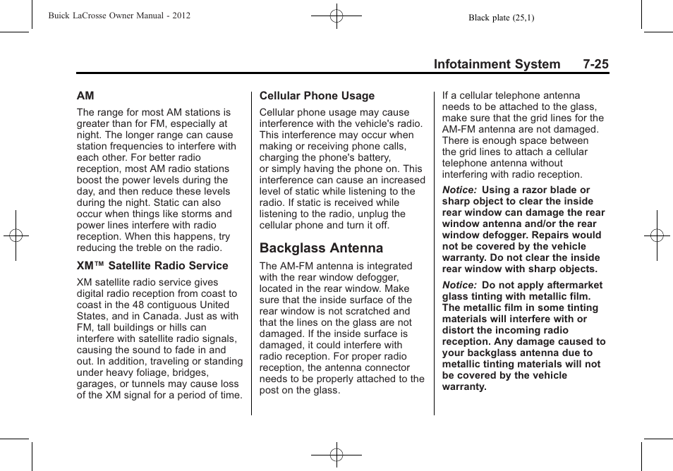 Backglass antenna, Backglass antenna -25 | Buick 2012 LaCrosse User Manual | Page 199 / 496