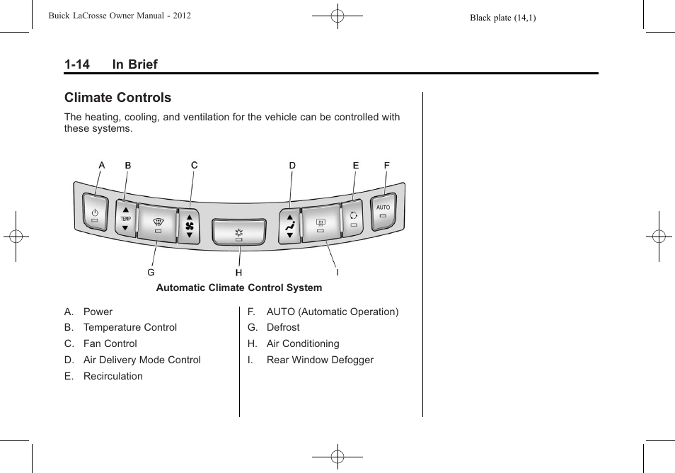 Climate controls, Climate controls -14, 14 in brief | Buick 2012 LaCrosse User Manual | Page 20 / 496