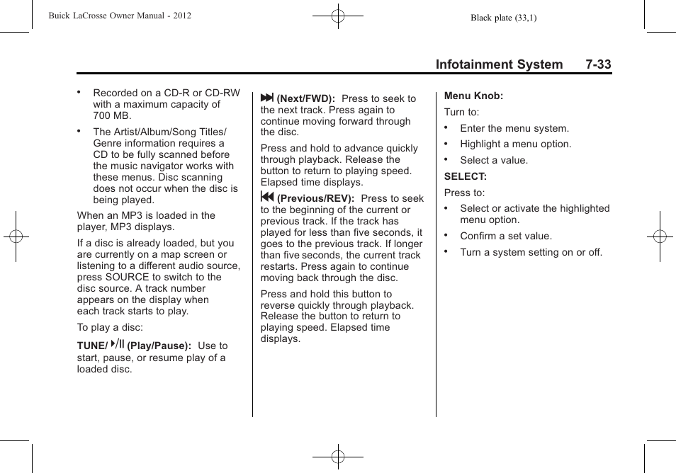 Infotainment system 7-33 | Buick 2012 LaCrosse User Manual | Page 207 / 496