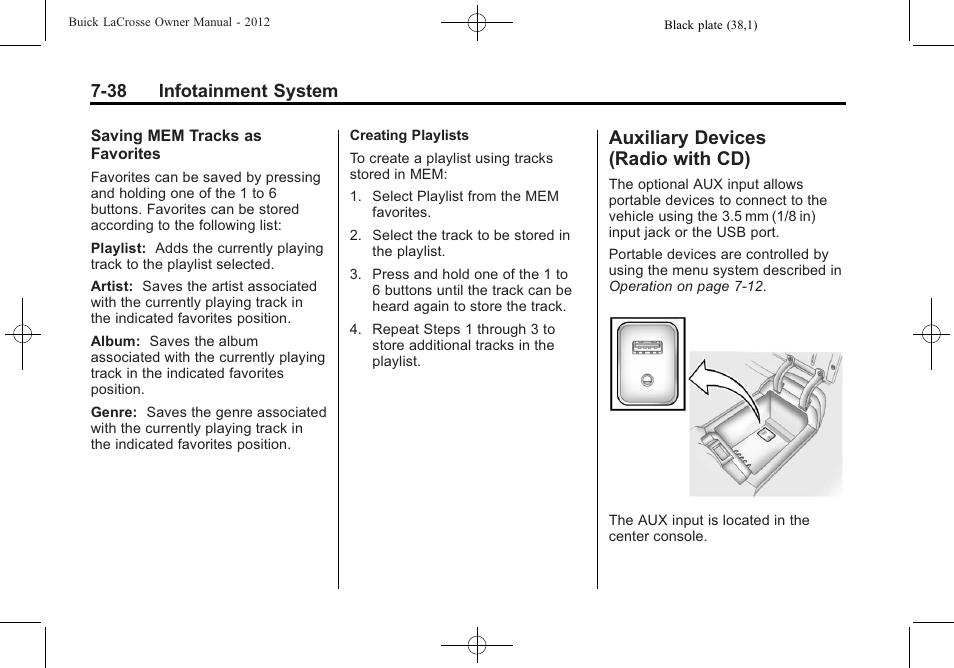 Auxiliary devices (radio with cd), Devices, Radio with cd) -38 | 38 infotainment system | Buick 2012 LaCrosse User Manual | Page 212 / 496