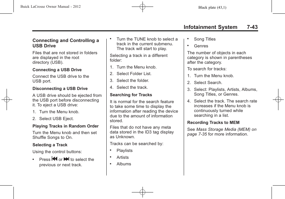 Infotainment system 7-43 | Buick 2012 LaCrosse User Manual | Page 217 / 496