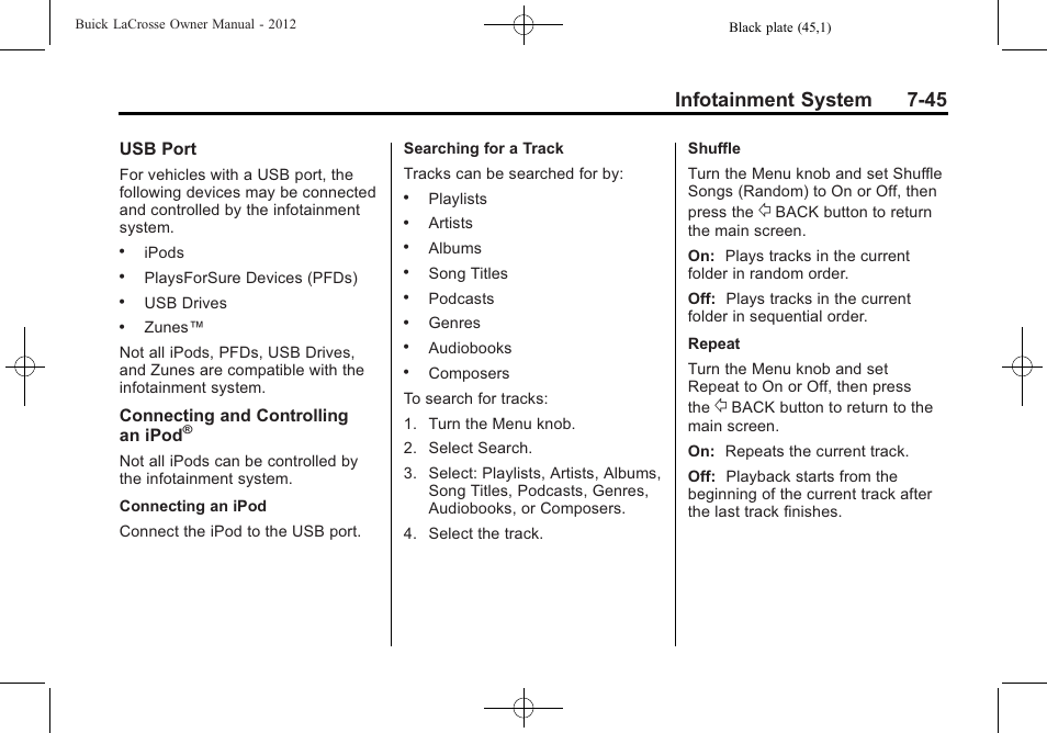 Infotainment system 7-45 | Buick 2012 LaCrosse User Manual | Page 219 / 496