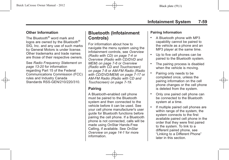 Bluetooth (infotainment controls), Bluetooth (infotainment, Controls) -59 | Infotainment system 7-59 | Buick 2012 LaCrosse User Manual | Page 233 / 496