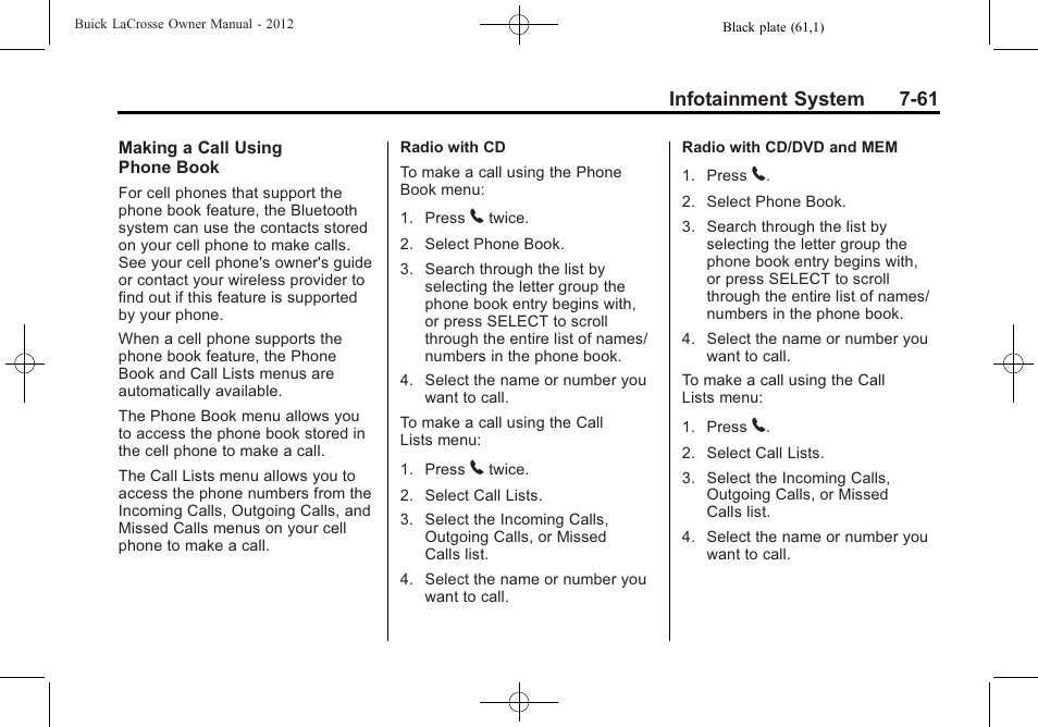Infotainment system 7-61 | Buick 2012 LaCrosse User Manual | Page 235 / 496