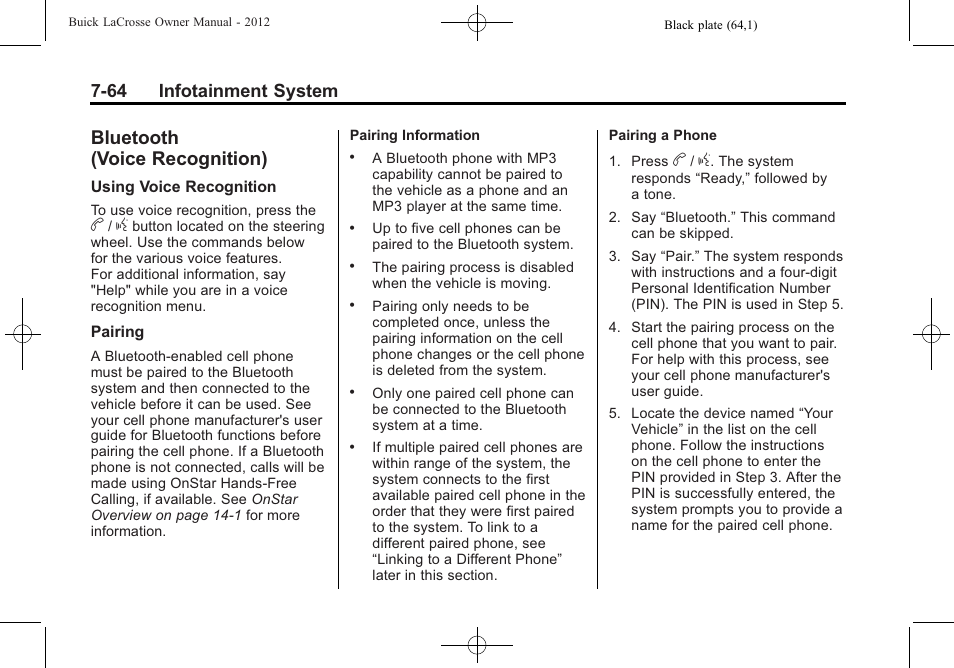 Bluetooth (voice recognition), Bluetooth (voice, Recognition) -64 | Warning, 64 infotainment system | Buick 2012 LaCrosse User Manual | Page 238 / 496